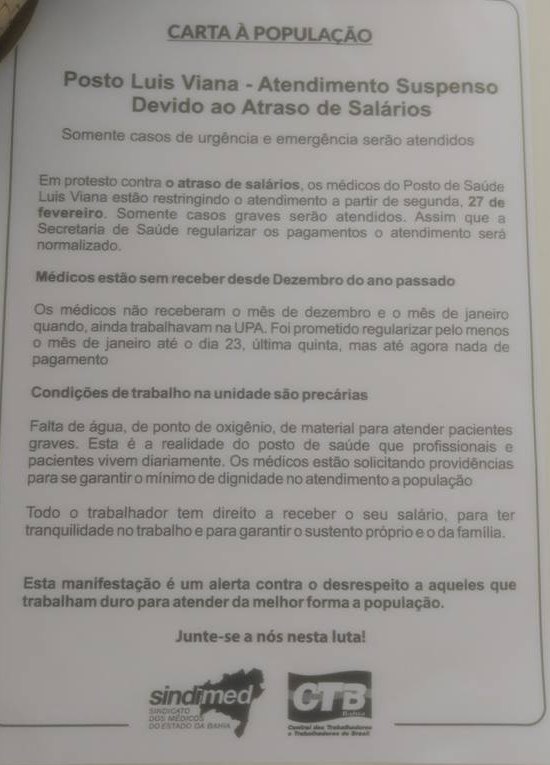 Posto Luiz Viana Filho: Atendimento suspenso devido ao atraso de salários