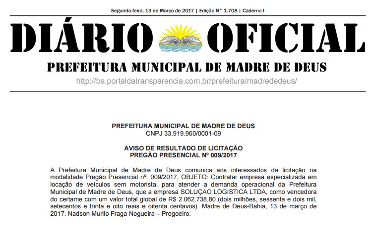 Prefeito de Madre de Deus vai gastar mais de R$ 2 milhões em locação de carros